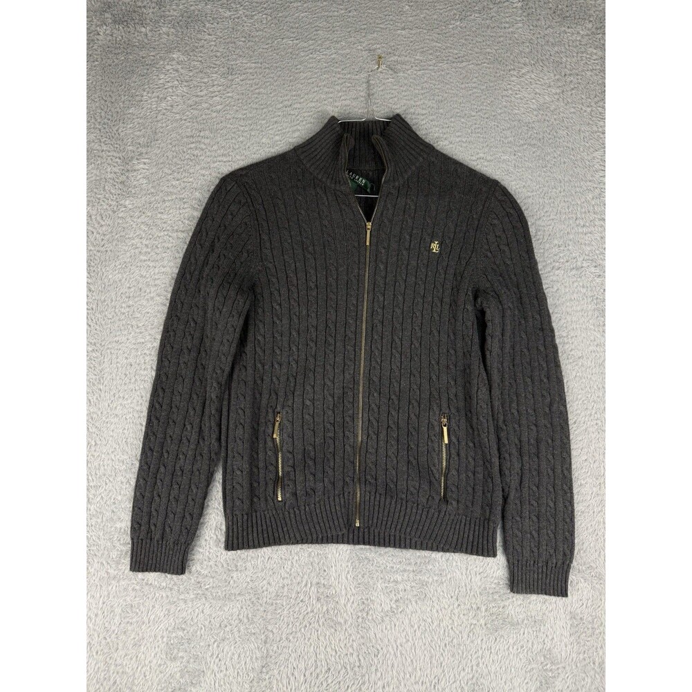Lauren Ralph Lauren Cardigan Womens L Gray Cable Knit Full Zip Cotton Gold Logo